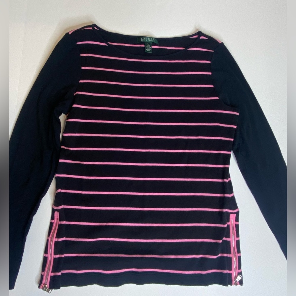 Lauren Ralph Lauren Large Pink Striped Sweater Shirt Soft Chic Preppy‎ - Picture 13 of 14